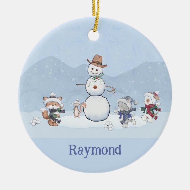 Personalized Snowball Fight Custom Snowman Animals Ceramic Tree Decoration (Front)