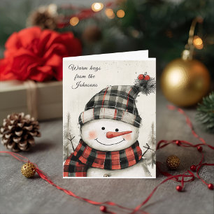 Personalized Snowman Plaid Christmas Family Name Holiday Card