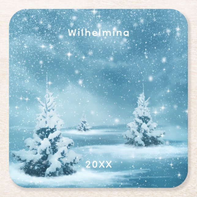 Personalized Snowy Winter Blues Square Paper Coaster (Front)