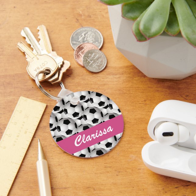 Personalized Soccer Ball Pattern Pink Key Ring (Desk)