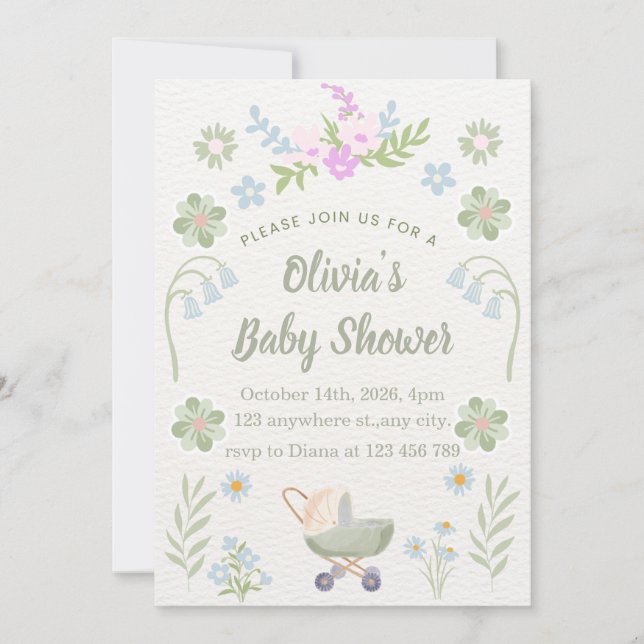 Personalized Soft Floral Baby Shower Invitation (Front)