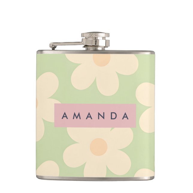 Personalized Soft Mint Green Retro Daisy Flower Hip Flask (Front)
