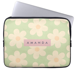 Personalized Soft Mint Green Retro Daisy Flower Laptop Sleeve