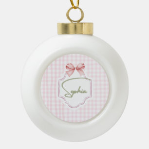 Personalized Sophia Baby Girl Nursery Bow&Gingham Ceramic Ball Christmas Ornament