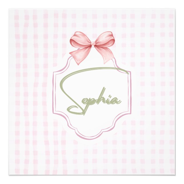 Personalized Sophia Baby Girl Nursery Bow&Gingham  Photo Print (Front)