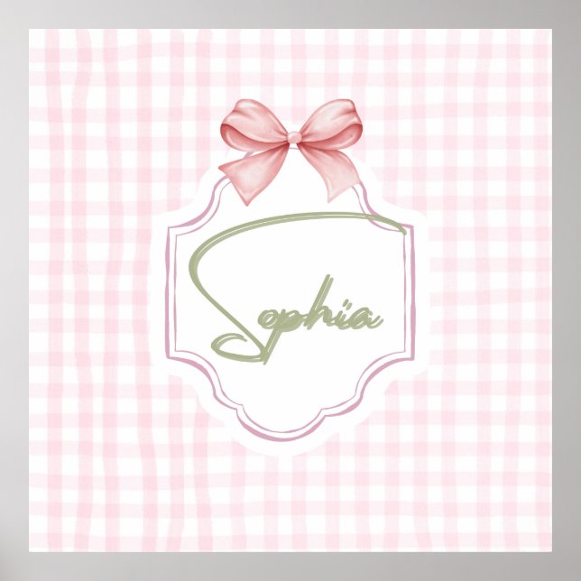 Personalized Sophia Baby Girl Nursery Bow&Gingham  Poster (Front)