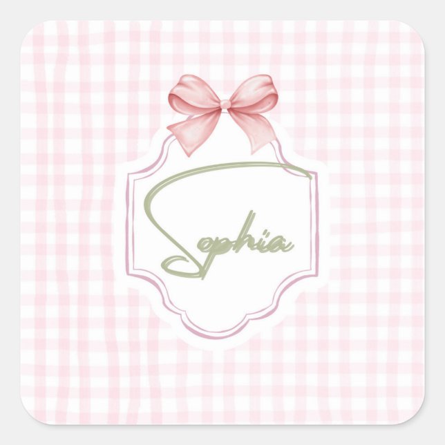 Personalized Sophia Baby Girl Nursery Bow&Gingham  Square Sticker (Front)
