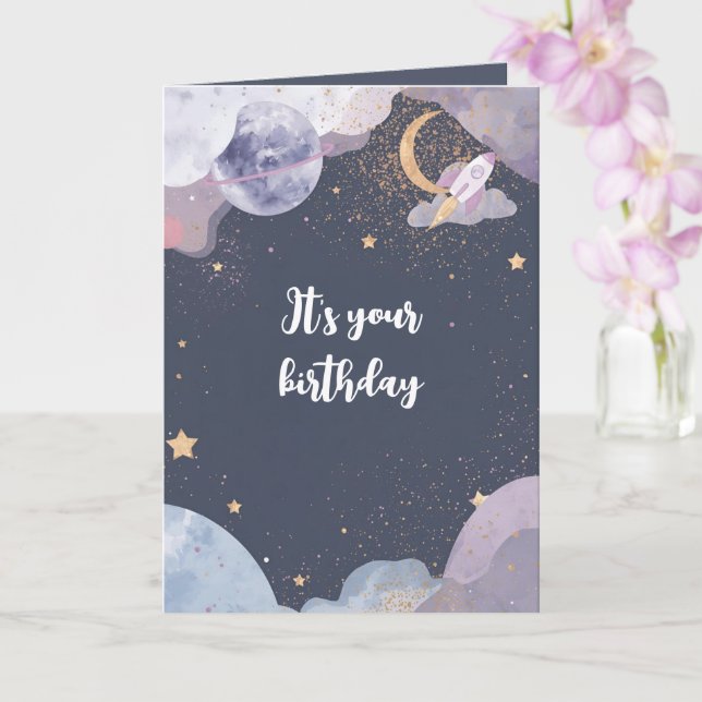 Personalized Space Theme Birthday Card (Orchid)