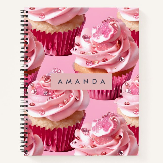 Personalized Sparkle Glam Pink Cupcake Delight Notebook (Front)