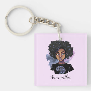 Personalized Sparkling African American Woman Key Ring
