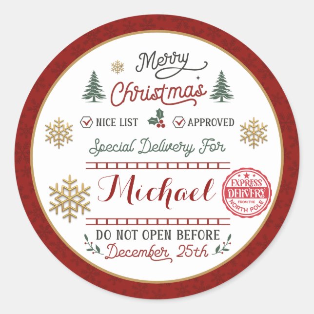 Personalized Special Delivery North Pole Santa Classic Round Sticker (Front)