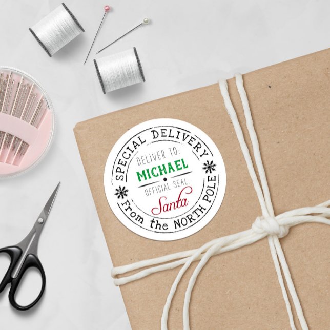 Personalized Special Delivery North Pole Santa  Classic Round Sticker (Creator Uploaded)