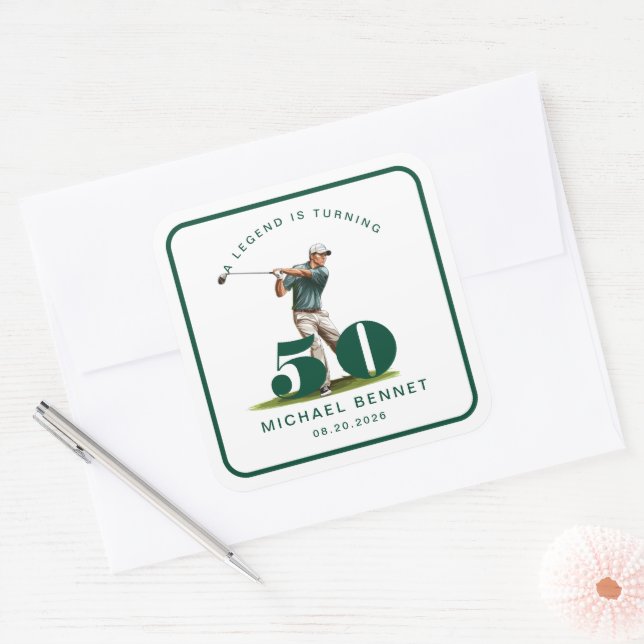 Personalized Sports Golf 50th Birthday Square Sticker (Envelope)