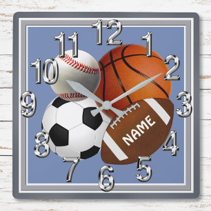 Personalized Sports themed Clock, Your Text, Color Square Wall Clock