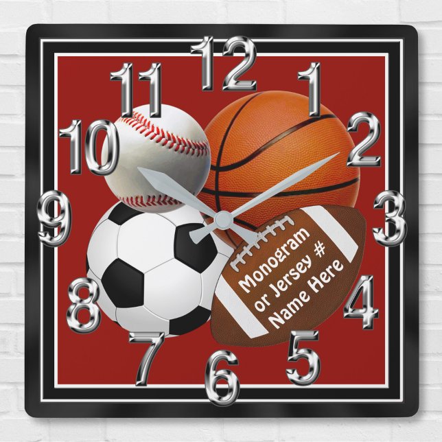 PERSONALIZED Sports Wall Clocks Your TEXT, COLORS (Sports bedroom decor. Sports wall clock with your Monogram, Jersey Number, Name or Your Text. Sports)
