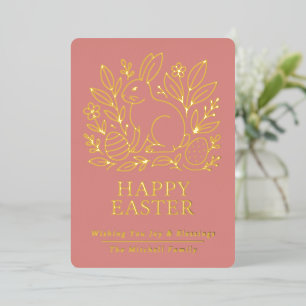 Personalized Spring Easter Bunny Gold Floral Foil Holiday Card