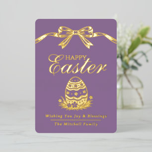 Personalized Spring Easter Egg Gold Bow Foil Holiday Card