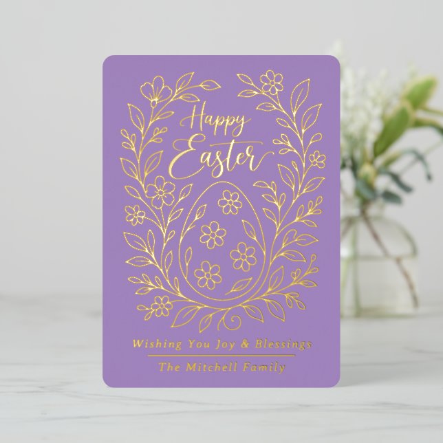Personalized Spring Easter Egg Gold Floral Foil Holiday Card (Standing Front)