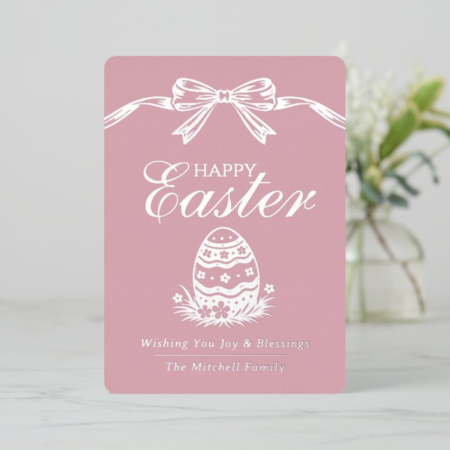 Personalized Spring Easter Egg Silver Bow Foil Holiday Card (Standing Front)