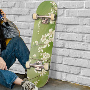 Personalized Spring Green White Flowers Blooming Skateboard