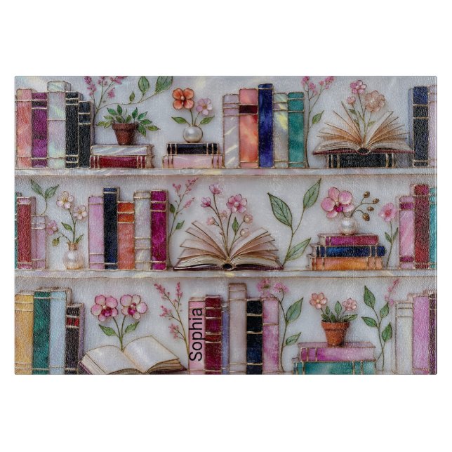 Personalized Stained Glass Bookshelf Cutting Board (Front)