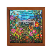 Personalized Stained Glass Floral Desk Organizer