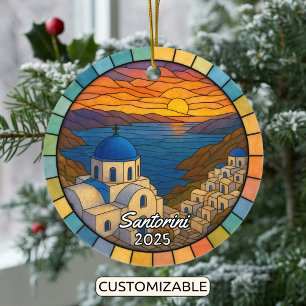 Personalized Stained Glass Santorini, Greece Ceramic Tree Decoration