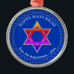 Personalized | Star of David | HAPPY HANUKKAH Metal Tree Decoration<br><div class="desc">Stylish Cobalt Blue STAR OF DAVID HANUKKAH Metal Ornament with faux silver Star of David in a tiled pattern in the background, and a large colorful Star of David at the centre. The text reads HAPPY HANUKKAH plus placeholder name and is CUSTOMIZABLE, so you can replace the message and add...</div>