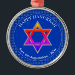Personalized | Star of David | HAPPY HANUKKAH Metal Tree Decoration<br><div class="desc">Stylish Cobalt Blue STAR OF DAVID HANUKKAH Metal Ornament with faux silver Star of David in a tiled pattern in the background, and a large colorful Star of David at the centre. The text reads HAPPY HANUKKAH plus placeholder name and is CUSTOMIZABLE, so you can replace the message and add...</div>