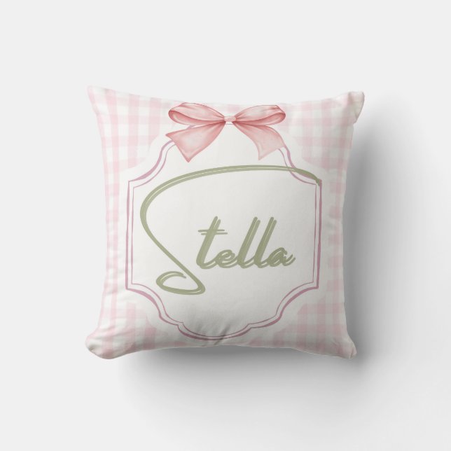 Personalized Stella Baby Girl Nursery Bow&Gingham Cushion (Front)
