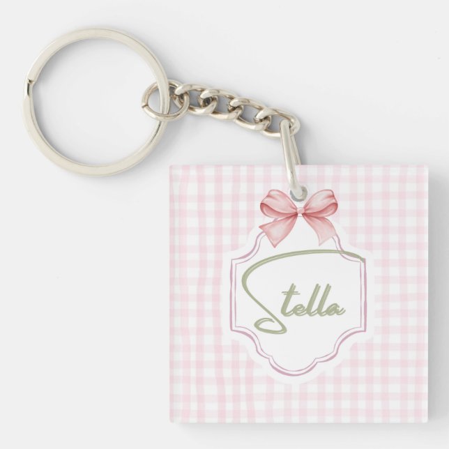 Personalized Stella Baby Girl Nursery Bow&Gingham Key Ring (Front)