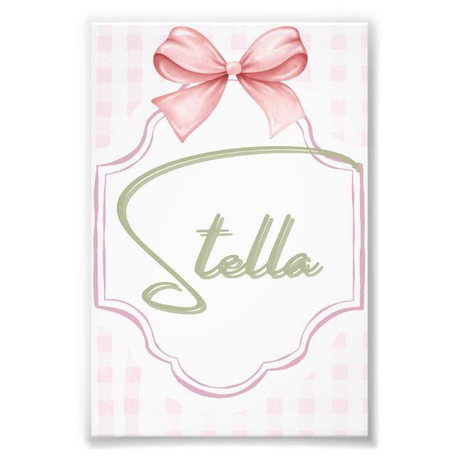 Personalized Stella Baby Girl Nursery Bow&Gingham Photo Print (Front)