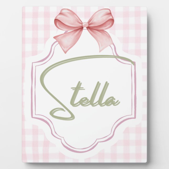 Personalized Stella Baby Girl Nursery Bow&Gingham Plaque (Front)
