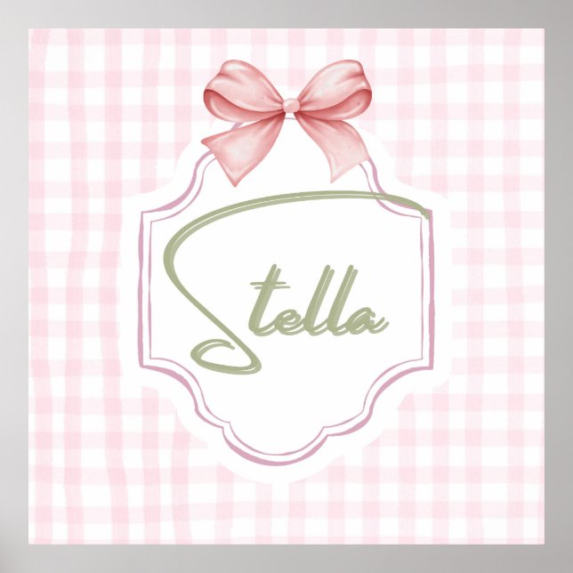 Personalized Stella Baby Girl Nursery Bow&Gingham Poster (Front)