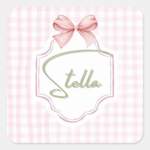 Personalized Stella Baby Girl Nursery Bow&Gingham Square Sticker