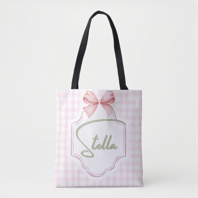 Personalized Stella Baby Girl Nursery Bow&Gingham Tote Bag (Front)