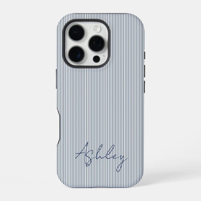 Personalized Striped Blue Tones Minimalist Chic iPhone Case (Back)