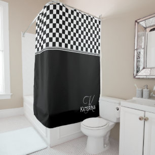 Personalized stylish black and white check shower curtain