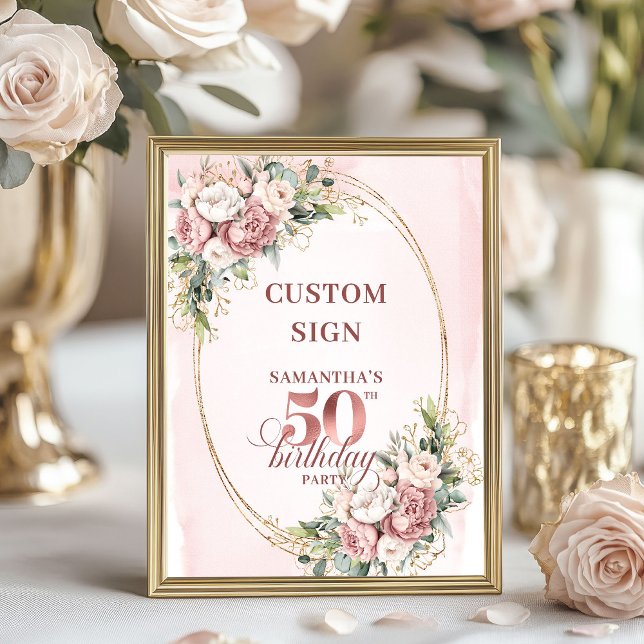 Personalized Stylish Rose Gold 50th Birthday Table Poster (Personalized Stylish Rose Gold 50th Birthday Tabletop Sign)