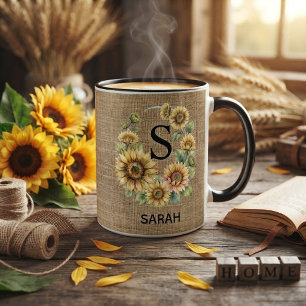 Personalized Sunflower Burlap Pattern Farmhouse Mug