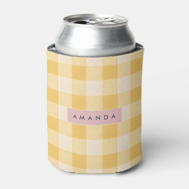 Personalized Sunny Yellow Gingham Plaid  Can Cooler (Can Front)
