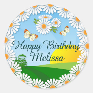 Personalized Sunrise with Daisy Border Birthday Cl Classic Round Sticker