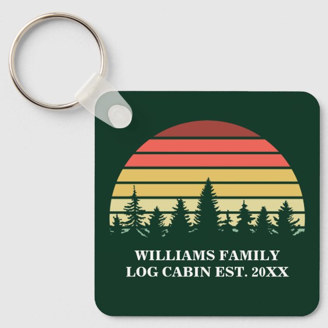 Personalized Sunset Log Cabin Lake House Green Key Ring (Front)