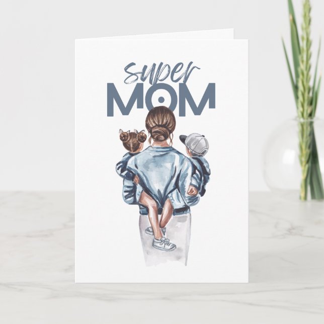 Personalized Super Mom with Son and Daughter Gift Holiday Card (Front)