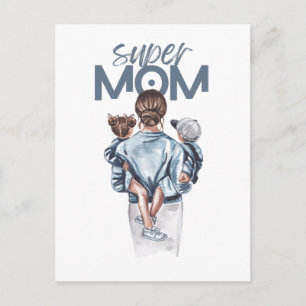Personalized Super Mom with Son and Daughter Gift Holiday Postcard