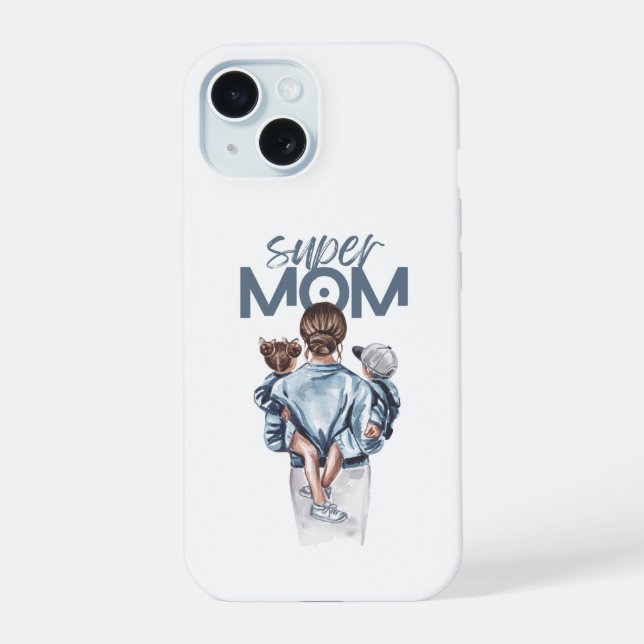 Personalized Super Mom with Son and Daughter Gift iPhone 15 Case (Back)