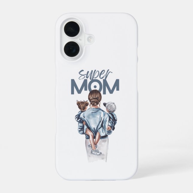 Personalized Super Mom with Son and Daughter Gift iPhone 16 Case (Back)