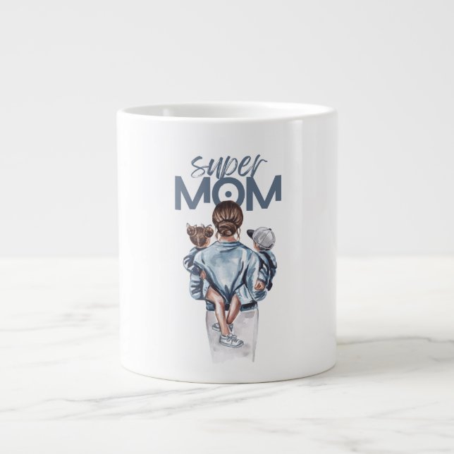 Personalized Super Mom with Son and Daughter Gift Large Coffee Mug (Front)