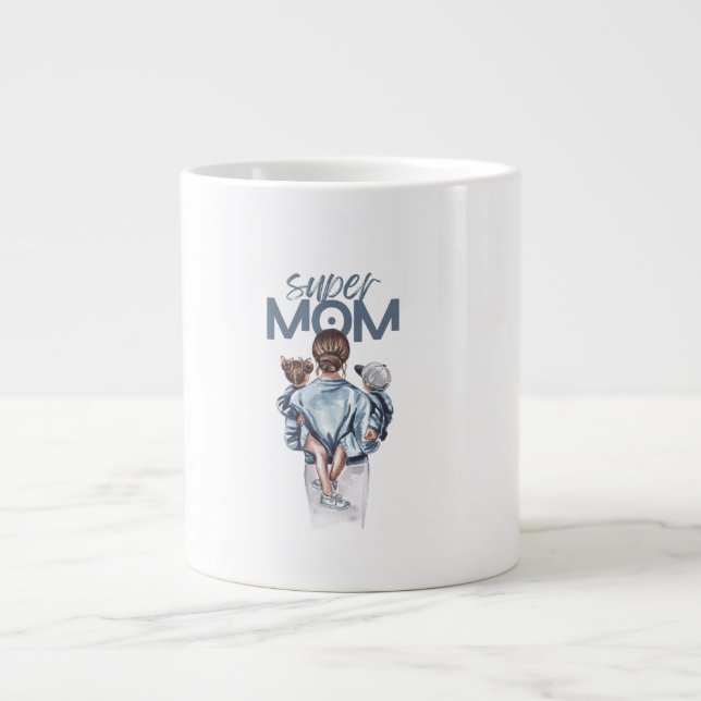 Personalized Super Mom with Son and Daughter Gift Large Coffee Mug (Front)