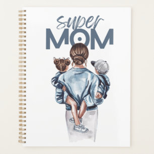 Personalized Super Mom with Son and Daughter Gift Planner